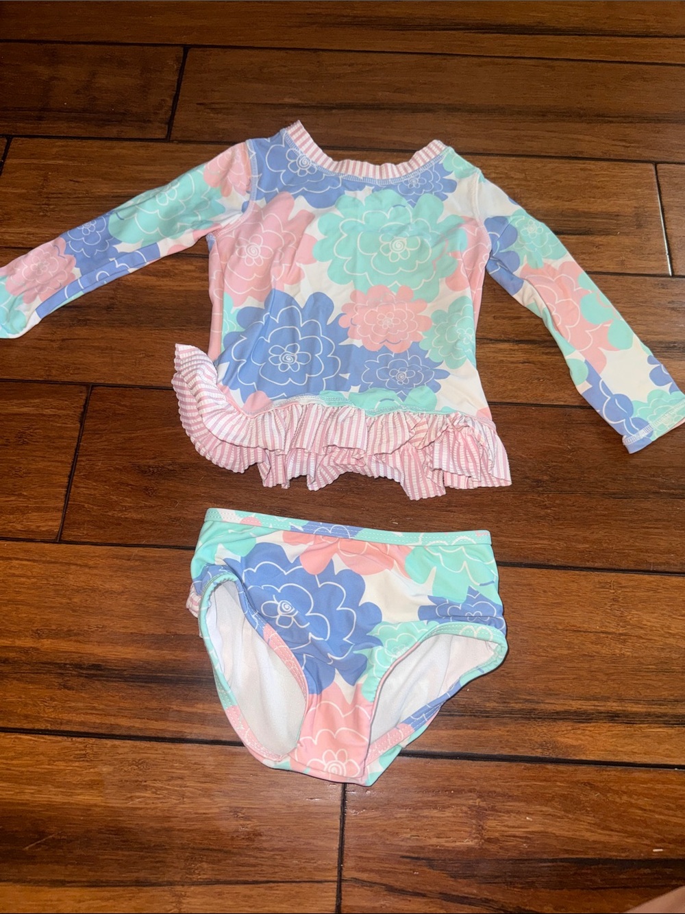 Ruffle butts Floral Long-Sleeve Rash Guard Swim Set - Pink & Mint